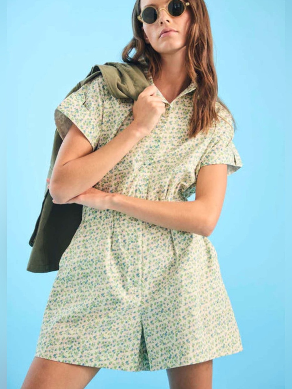 Hunter Bell Reed Romper. Floral Button-Front Romper in Light Green